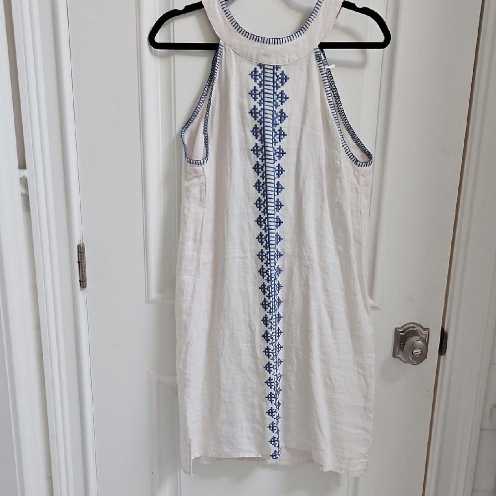Women's White Sleeveless Dress/Cover--up with Blue Embroidery By Sigrid Olson